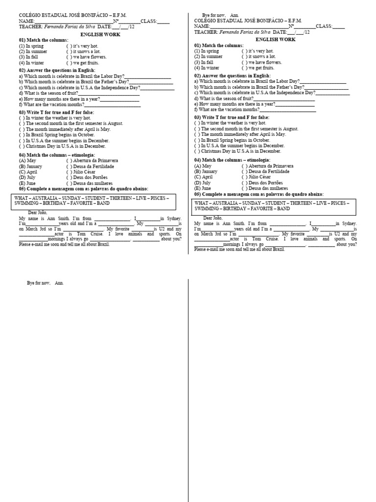 English work seasons and months pdf