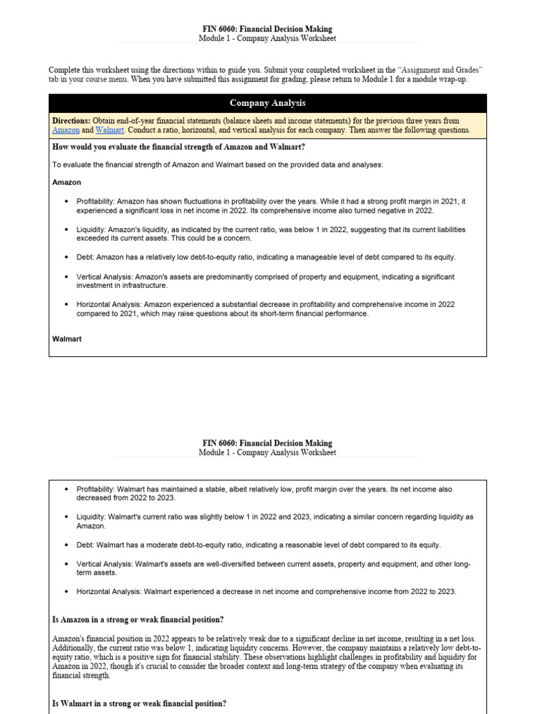 FIN 6060 Module 1 Worksheet PDF Walmart Retail