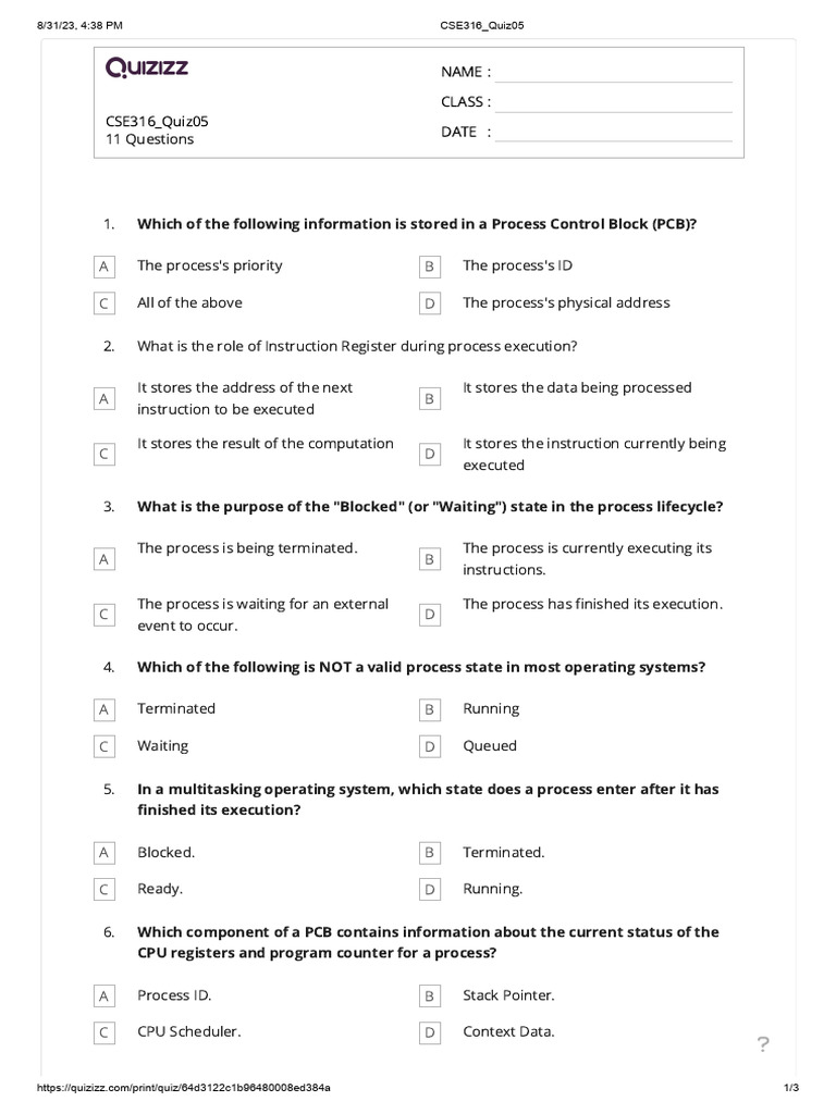 CSE316 Process Control Block Quiz | PDF | Process (Computing) | System ...
