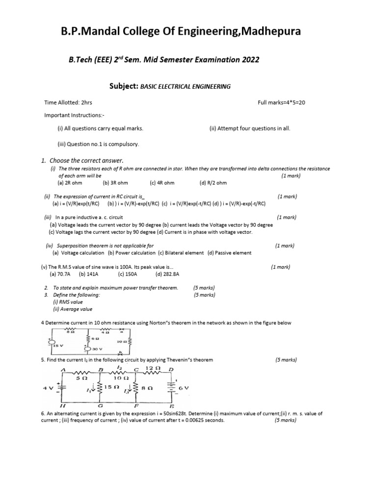B.Tech EEE 2nd Sem Mid Exam Paper 2022 | PDF | Electrical Network ...