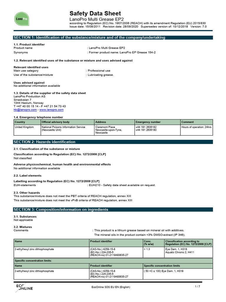 LanoPro Multi Grease EP2 MSDS PDF Dangerous Goods Workplace