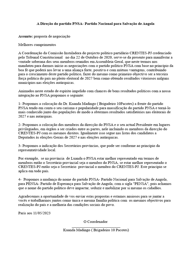 Proposta de Aliança PNSA e CRENTES-PJ | PDF | Angola | Partidos políticos
