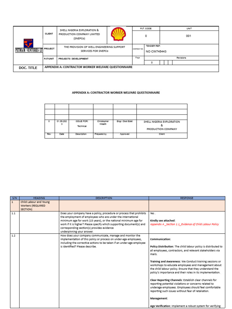 APPENDIX A_CONTRACTOR WORKER WELFARE QUESTIONNAIRE | PDF | Employment ...