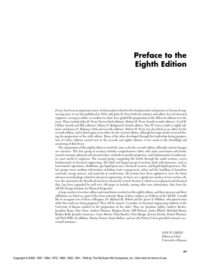Preface: PERRY'S CHEMICAL ENGINEER'S HANDBOOK | PDF | Engineering ...