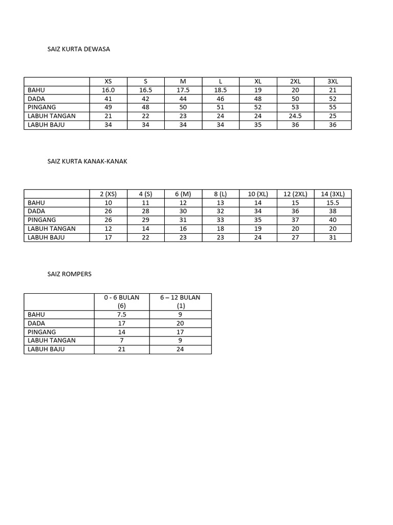 SIZE & MEASUREMENT KURTA PDF