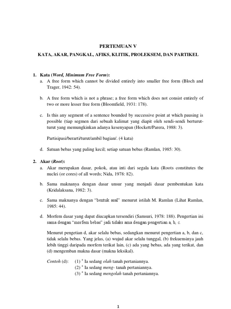 Pertemuan 5 Kata Akar Pangkal Afiks Klitik Proleksem Dan Partikel Pdf