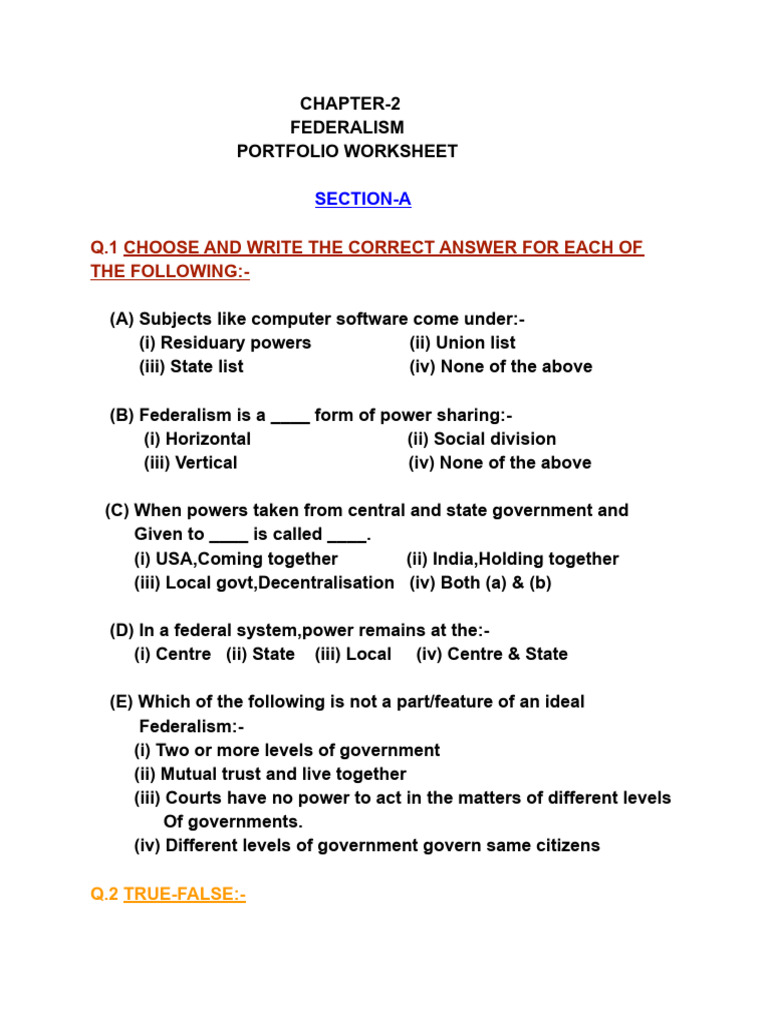 Class 10 Federalism Worksheet and Q&A | PDF | Government | Political ...