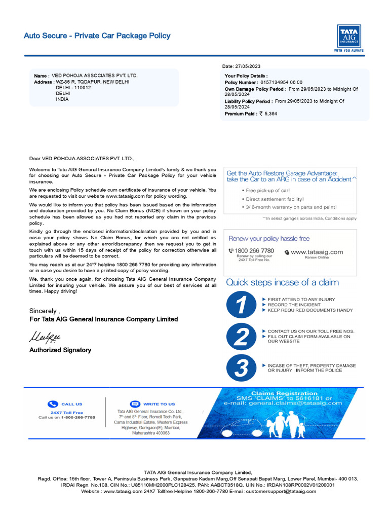 Auto Secure - Private Car Package Policy: Sincerely, For Tata AIG ...