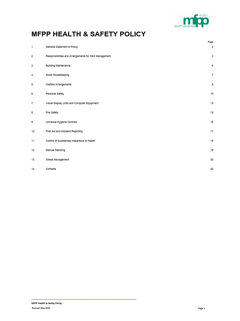 health safety policy 1 PDF Occupational Stress Occupational