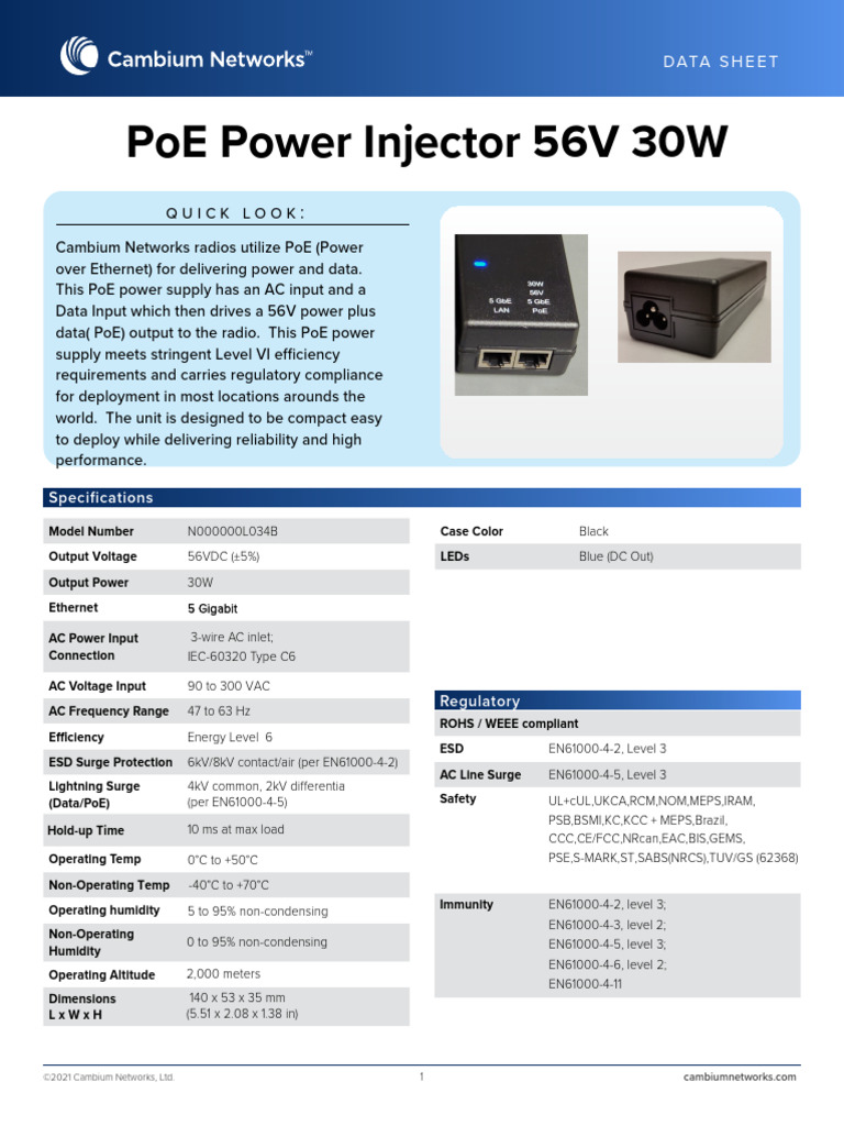 Cambium Networks PoE Injector Data Sheet | PDF | Alternating Current ...