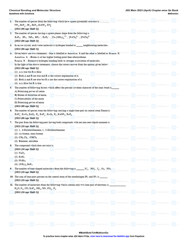 Chemical bonding and molecular structure jee main 2023 april