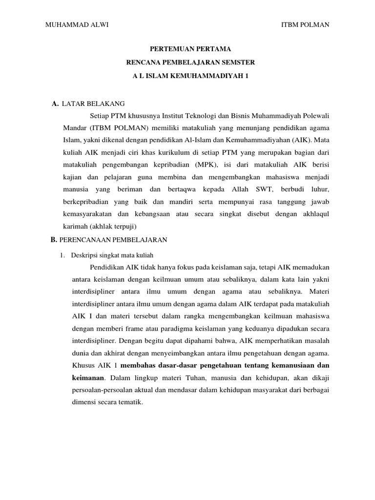 Rencana Pembelajaran AIK 1 di ITBM POLMAN | PDF