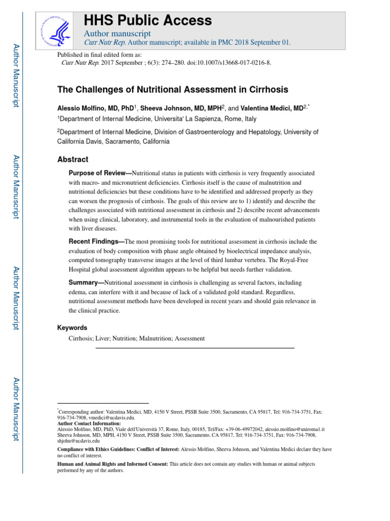 The Challenges Of Nutritional Assessment In Cirrhosis Pdf Cirrhosis
