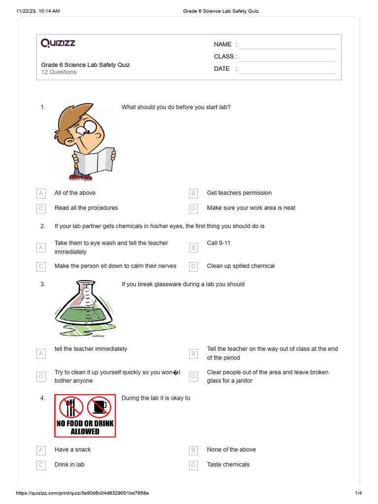 Grade 6 Science Lab Safety Quiz PDF