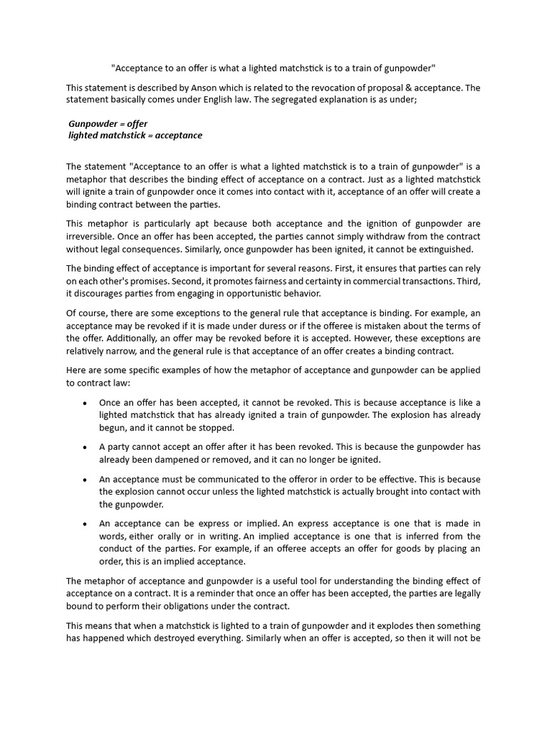 Acceptance To An Offer Is What A Lighted Matchstick Is To A Train of Gunpowder Download Free