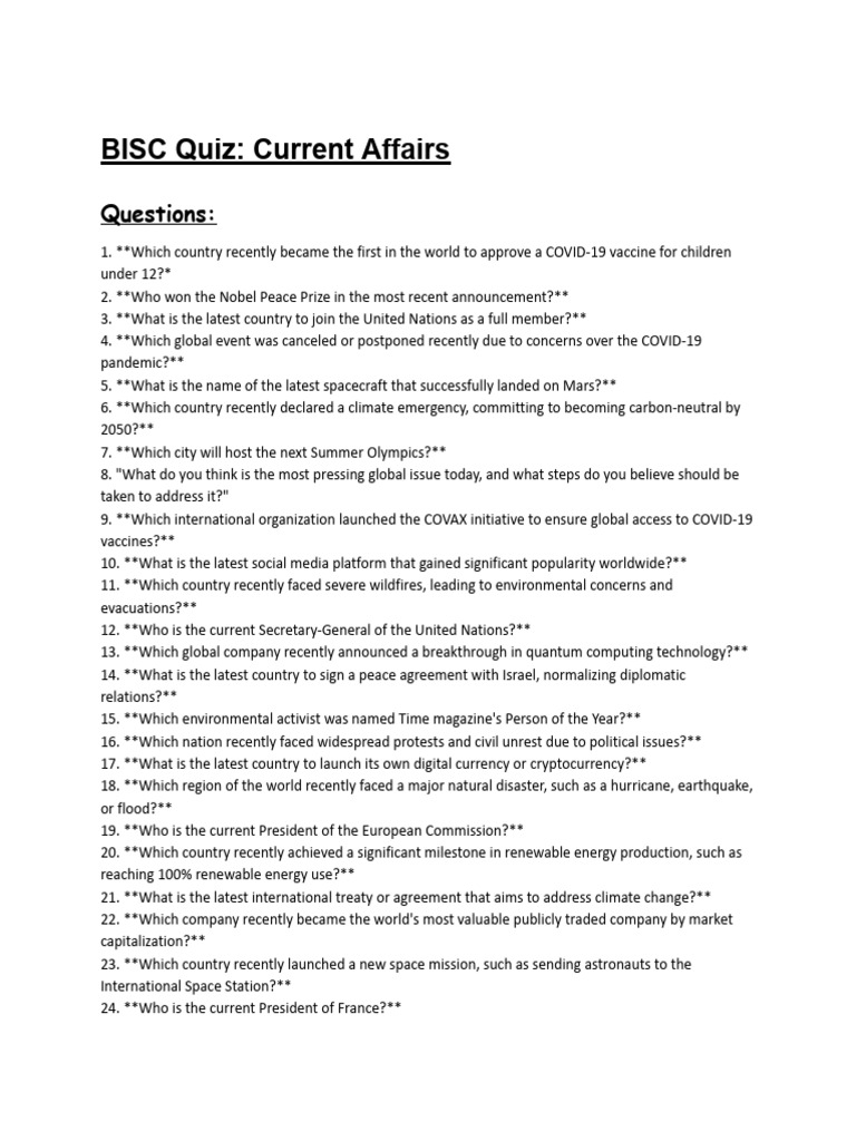 Current Affairs Quiz Questions | PDF | Climate Change