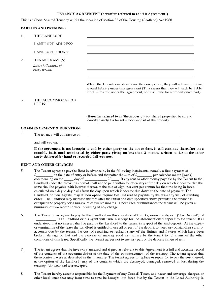 Tenancy Agreement Template 1 PDF Leasehold Estate Landlord