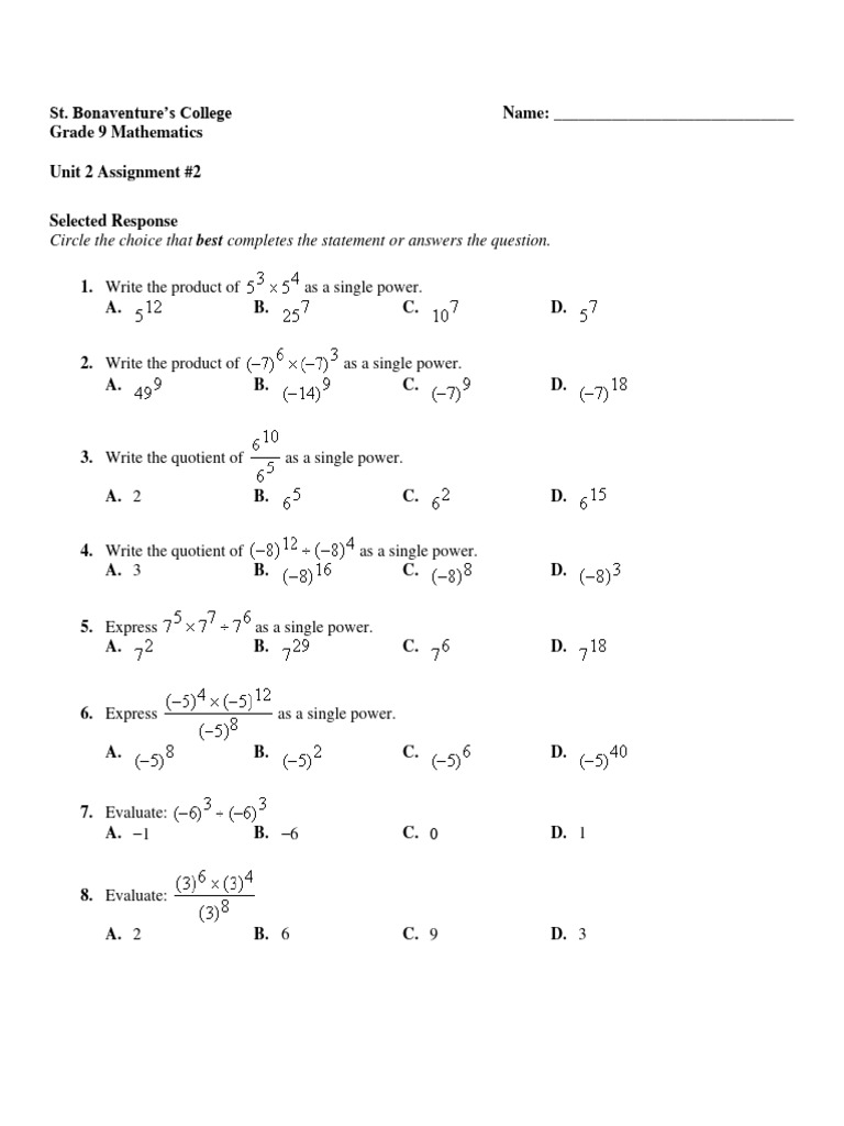 Grade 9 math unit 2 assignment 2 pdf exponentiation mathematics