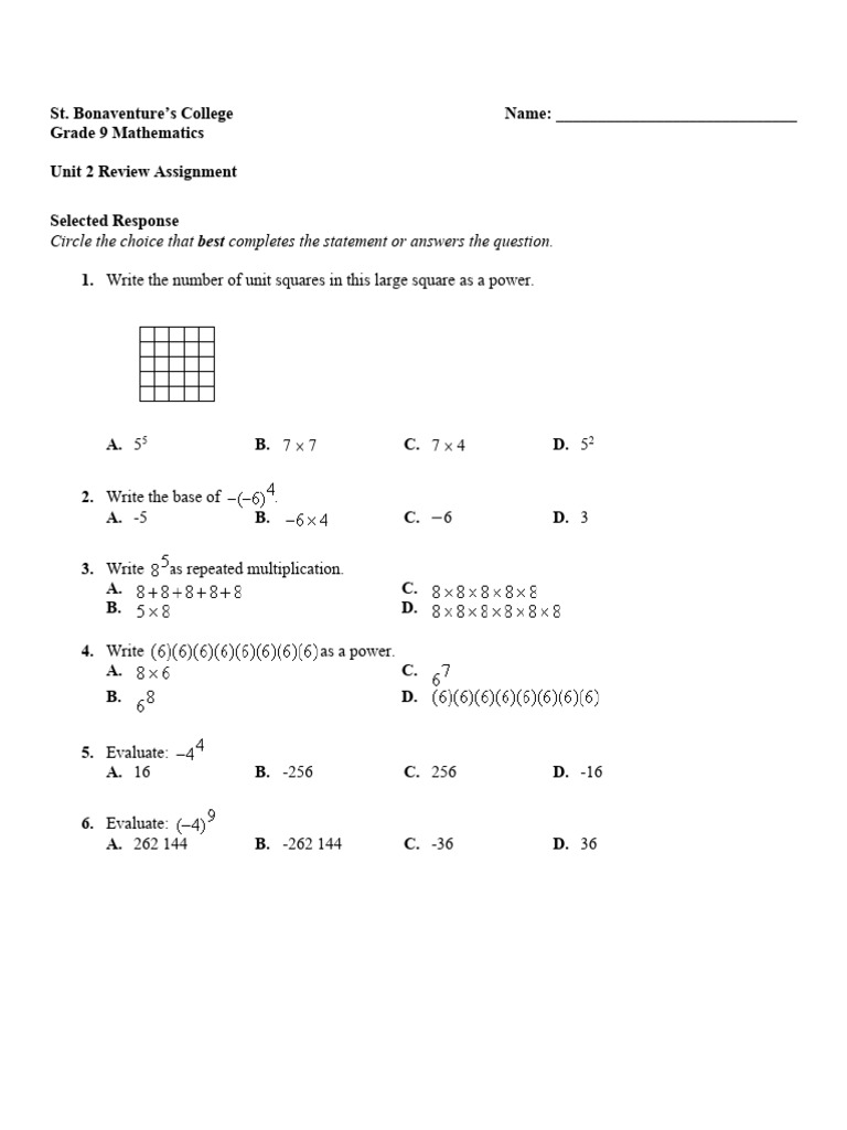Grade 9 math unit 2 review assignment pdf applied mathematics