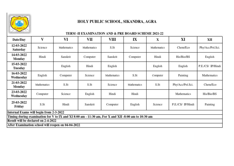 Exam Schedule for Term II 2021-22 | PDF