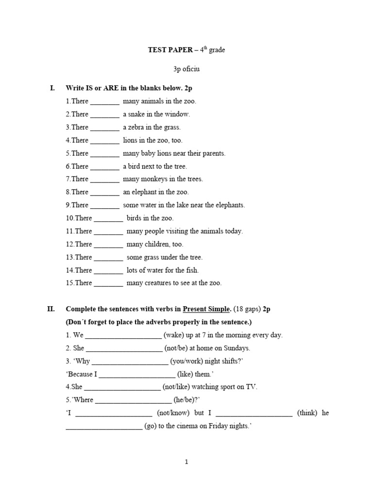 4th Grade English Test Paper | PDF | Zoo | Linguistics