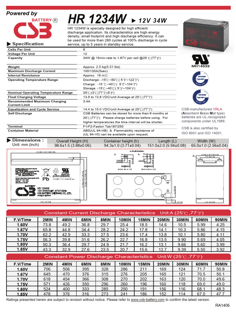 CSB HR1234W F2 Battery Specifications | PDF | Electricity | Electrical ...