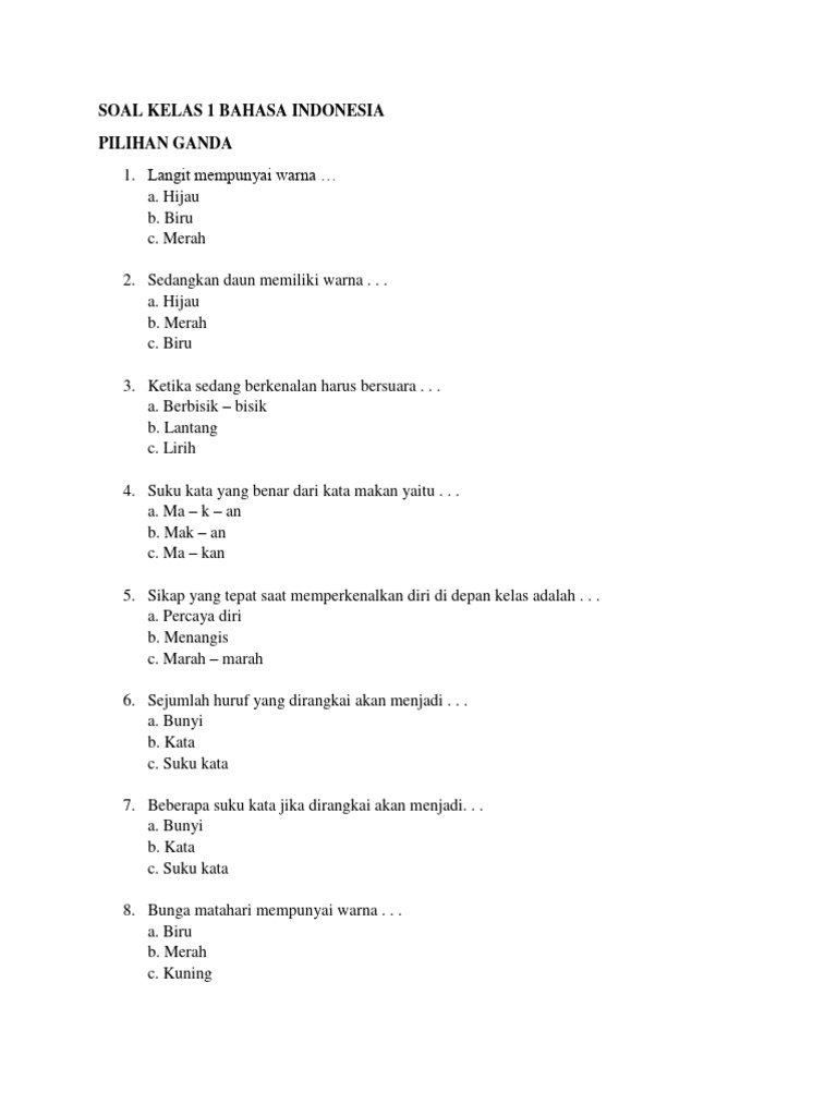 60 Soal dan Jawaban PTS Bahasa Indonesia Kelas 1 SD Semester 1 2025