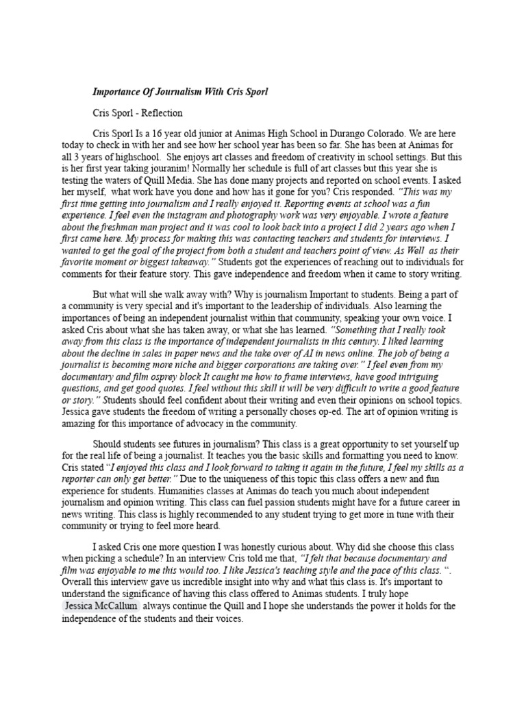 copy of journalism sem 1 final dp work sample reflection feature 2023