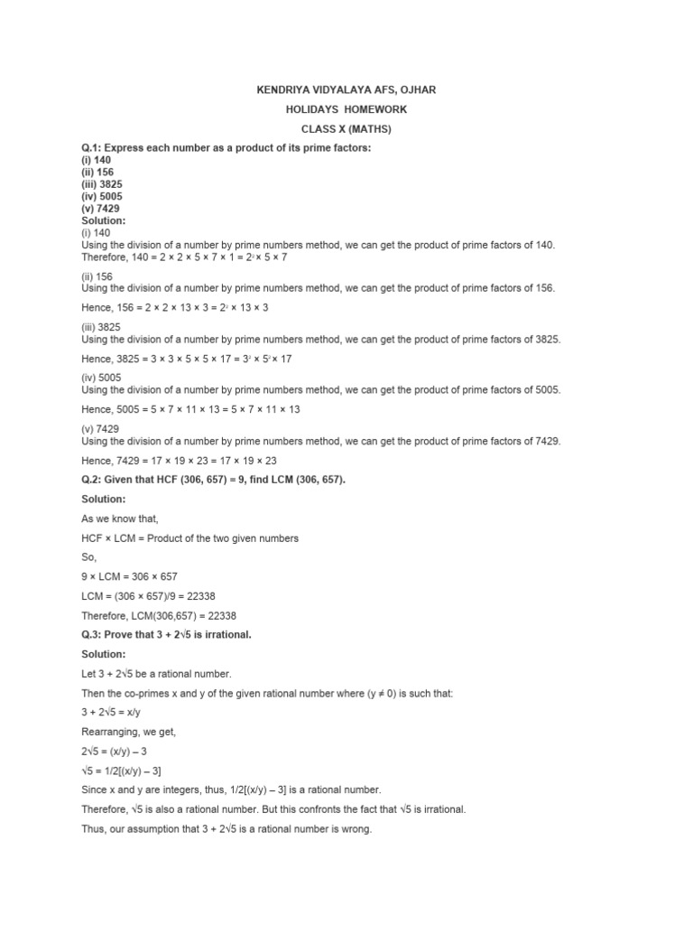 Class x holidays homework pdf numbers rational number