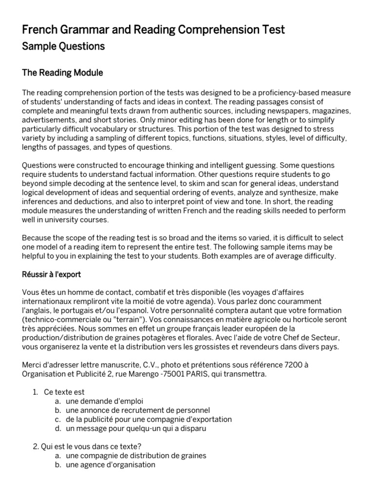 French Practice Pdf Reading Comprehension Grammar