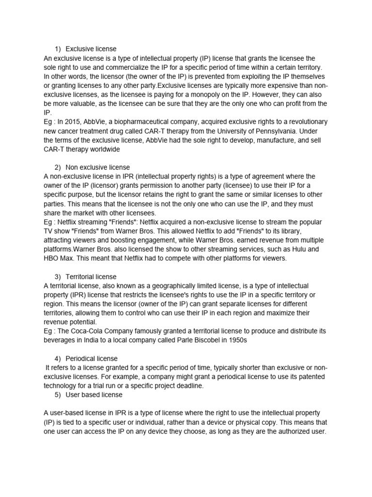 Types of Intellectual Property Licenses | PDF | License | Intellectual ...