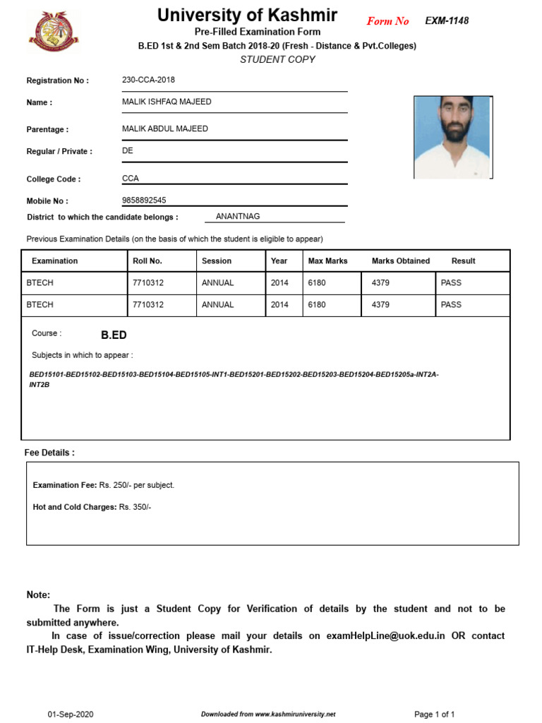B.Ed Annual Examination Form 2018-20 | PDF