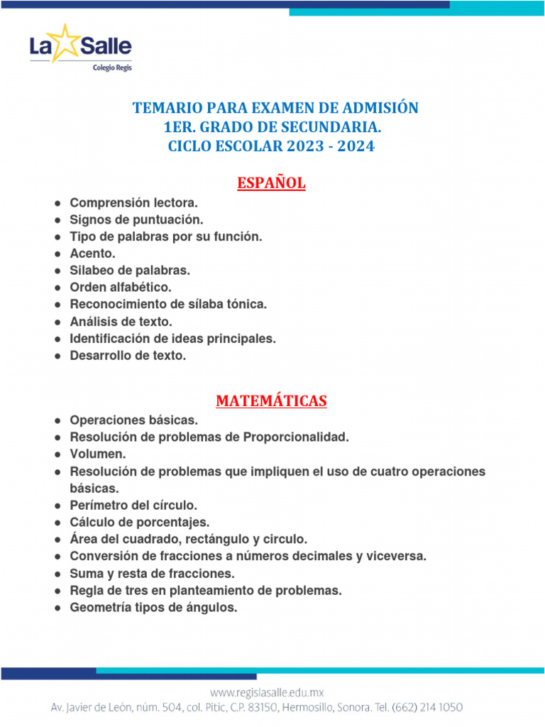 Temario 1er Grado Secundaria 2023-2024 | PDF