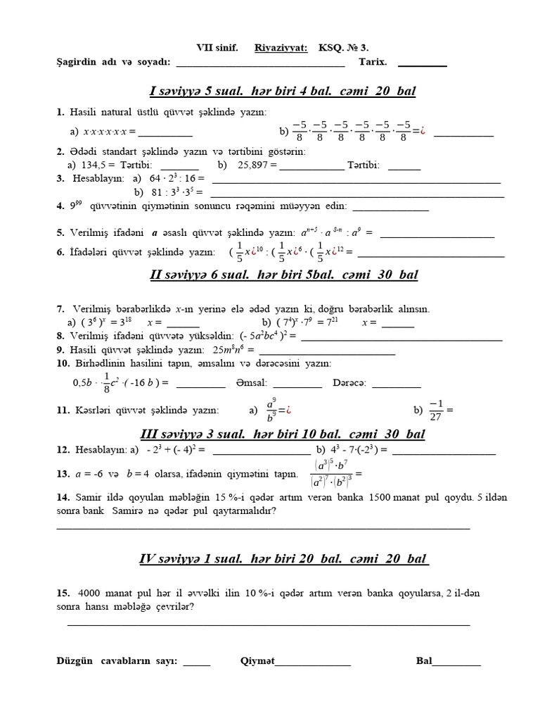 7 Sinif Riyaziyyat KSQ - 3 | PDF