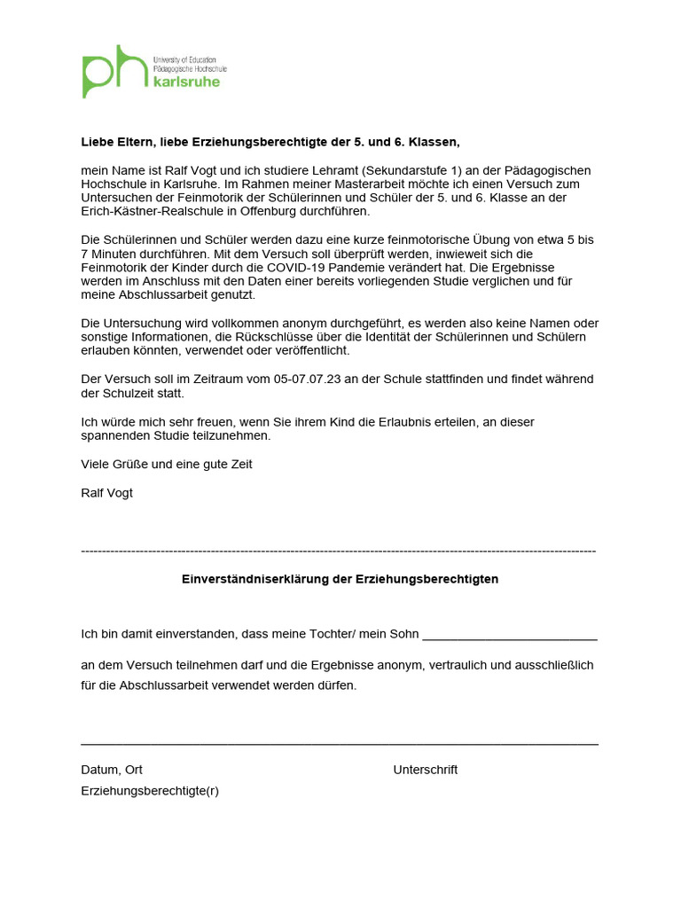 Einverständniserklärung Eltern Zum Versuch PDF