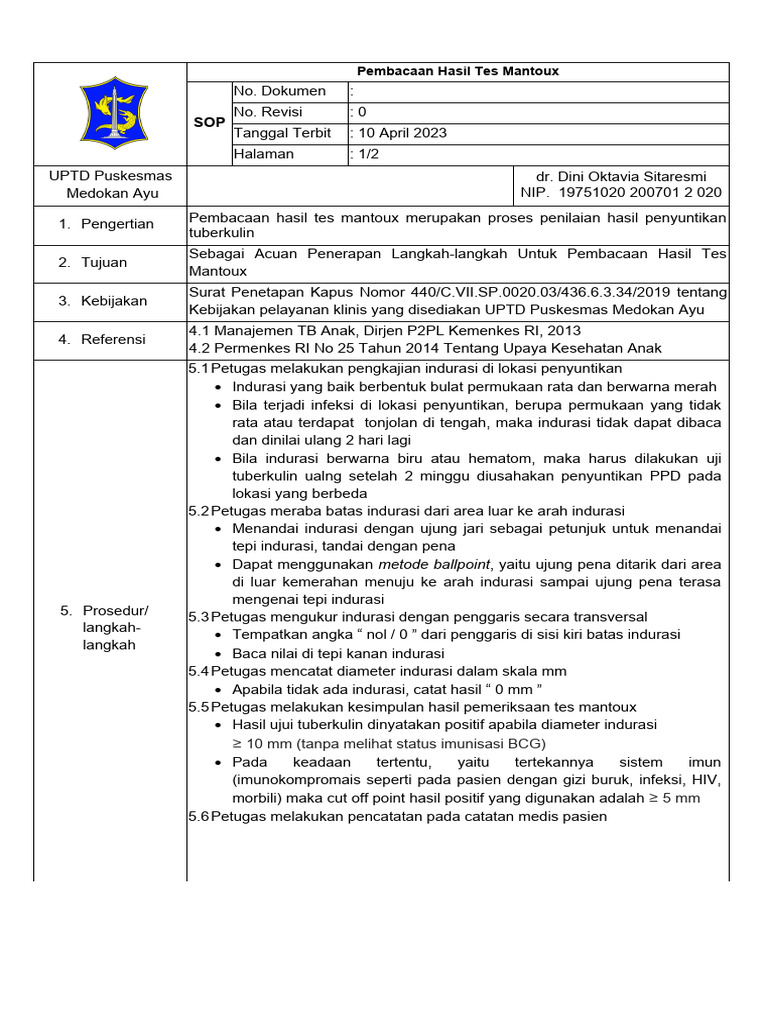 SOP Pembacaan Hasil Tes Mantoux | PDF
