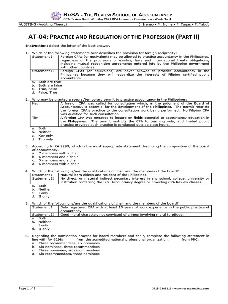 CPA Review: Auditing Theory Week 4 | PDF | Certified Public Accountant ...