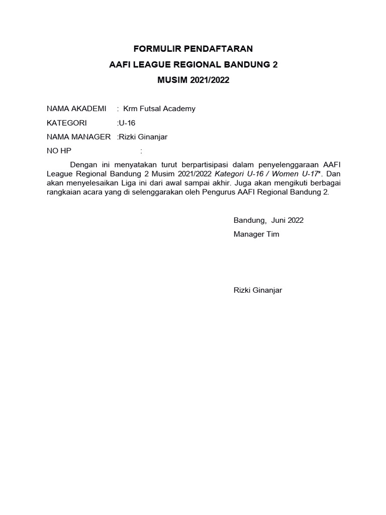 Pendaftaran AAFI League Bandung 2022 | PDF
