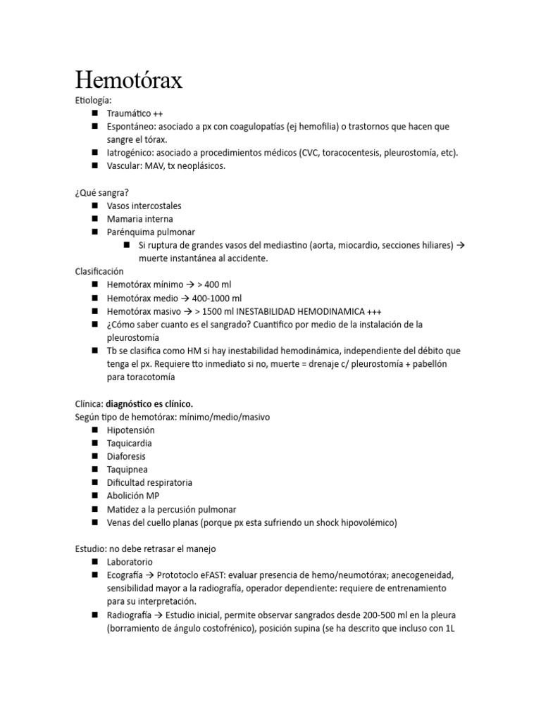 Hemotórax: Causas, Clasificación y Manejo | PDF | Emergencias Médicas