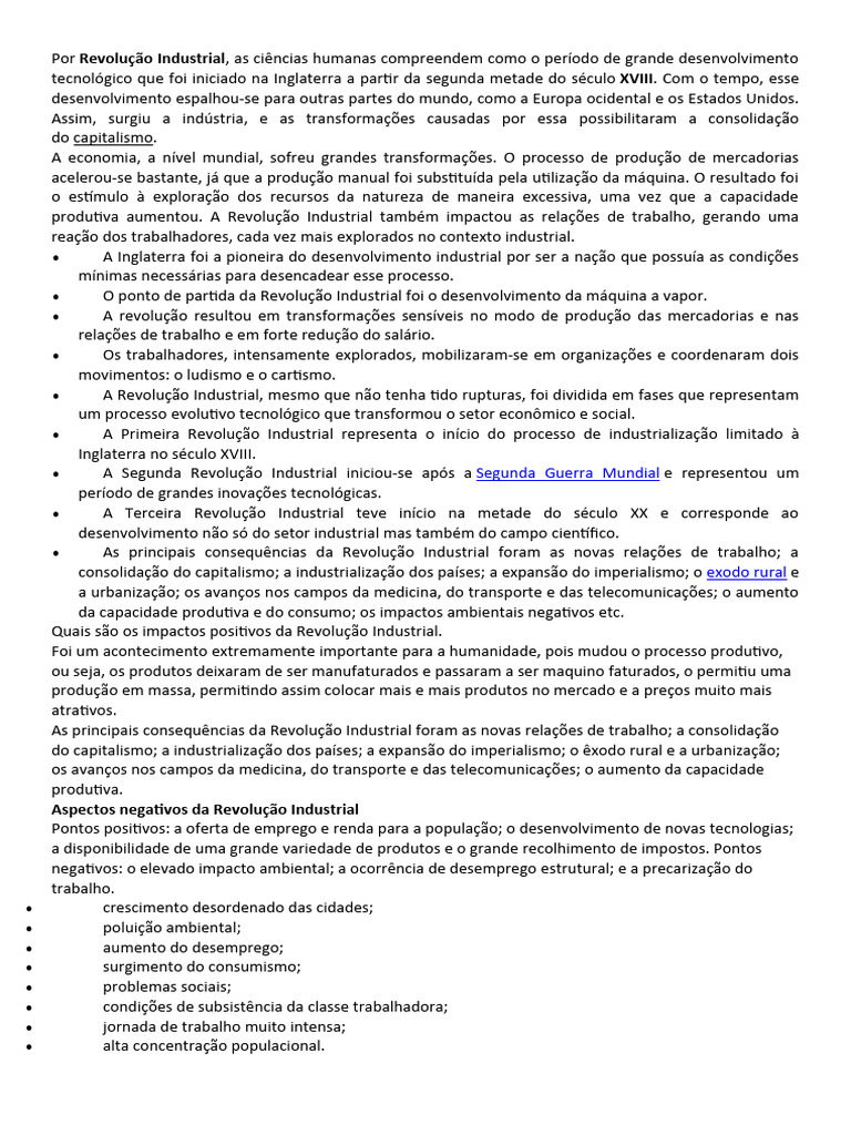 Pontos Positivos e Negativos Revolução Industrial | PDF | Revolução ...