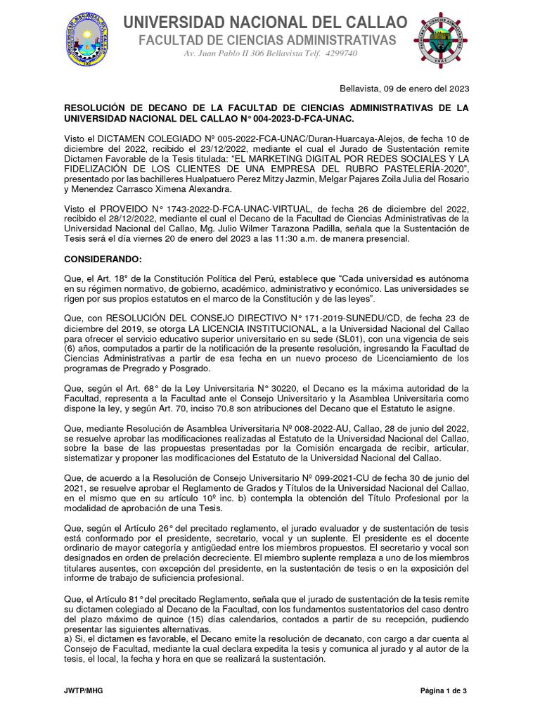 Resoluci n 004 2023 d fca unac declarar expeditas a las bachilleres