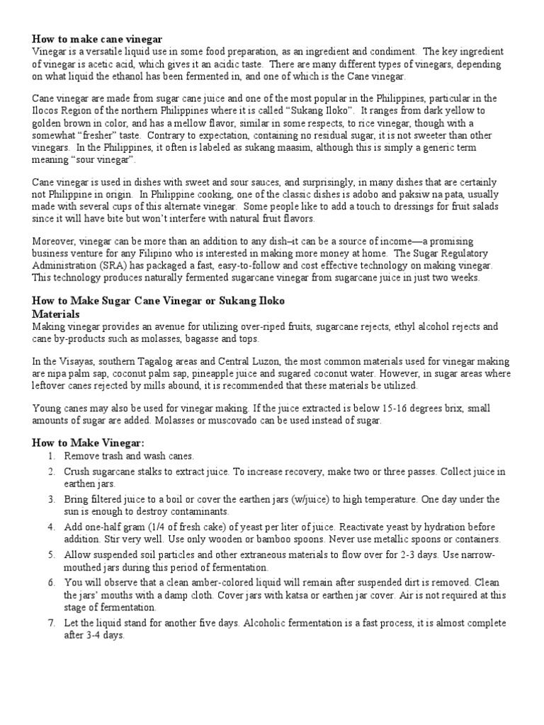 How To Make Cane Vinegar PDF Vinegar Sugarcane