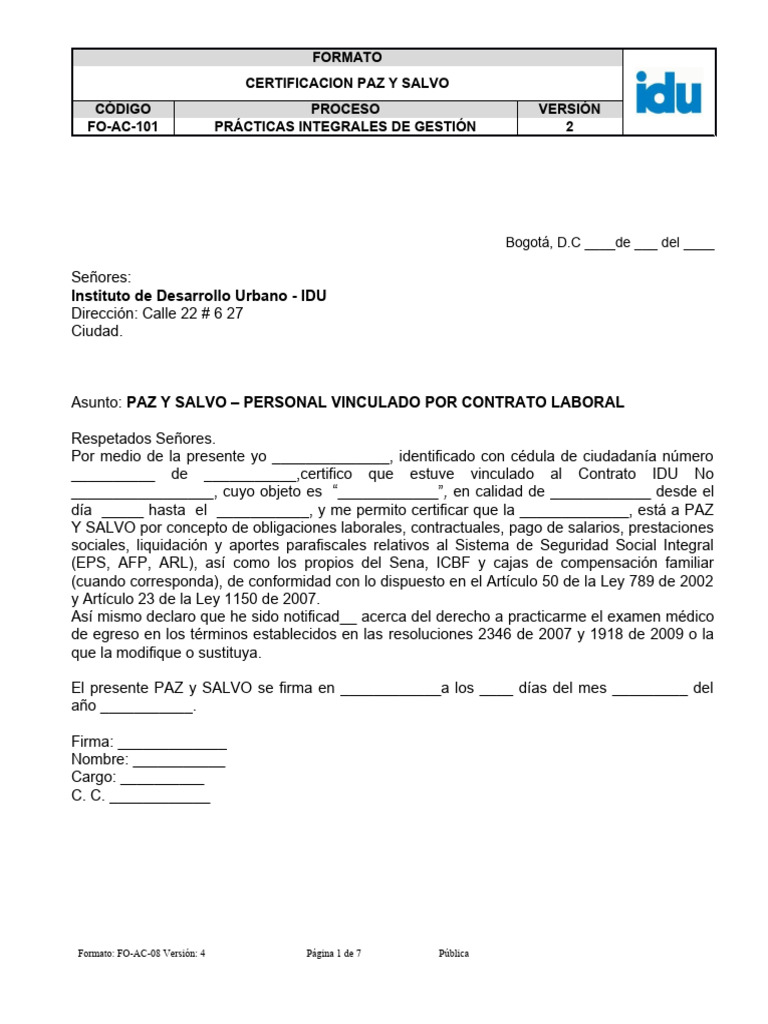 Foac101 Certificacion Paz y Salvo V2 | PDF