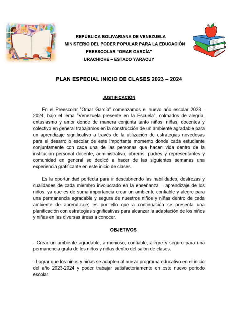Plan Especial Inicio de Clases 2023 - 2024 | PDF | Educación de la ...