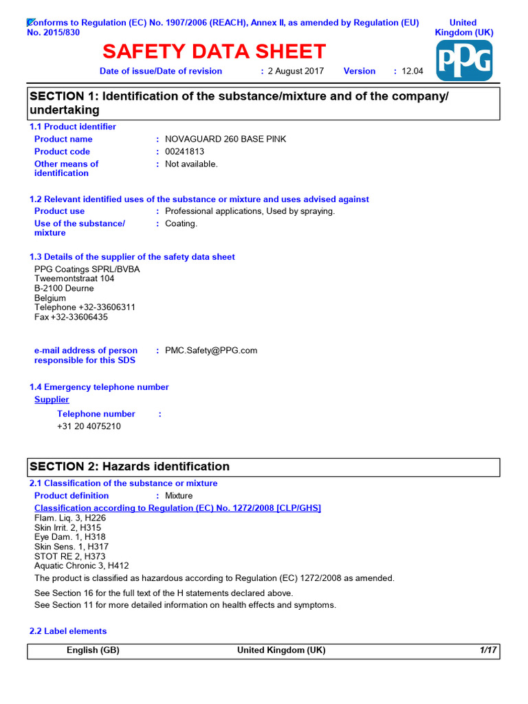 NOVAGUARD 260 Base Pink SDS Document | PDF | Safety | Chemical Substances