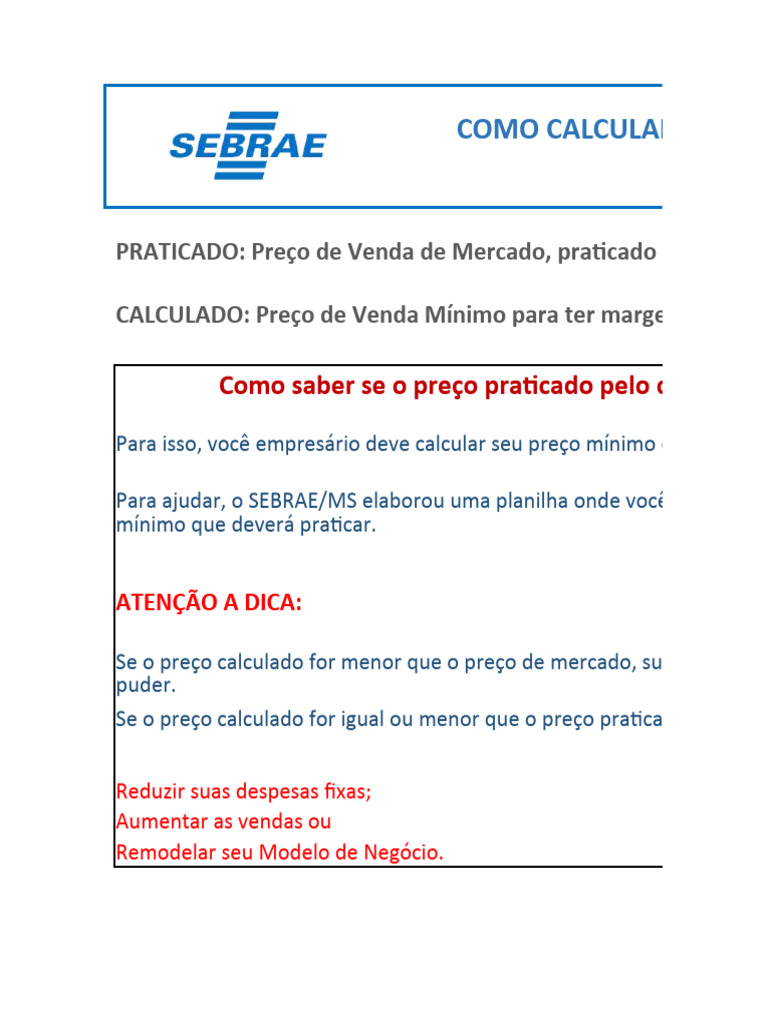 Planilha de Cálculo de Preço de Venda | PDF | Preços | Business