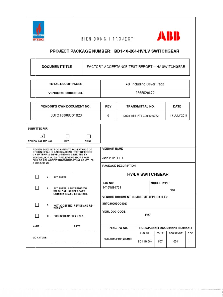 Factory Acceptance Test Report - HV Switchgear | PDF