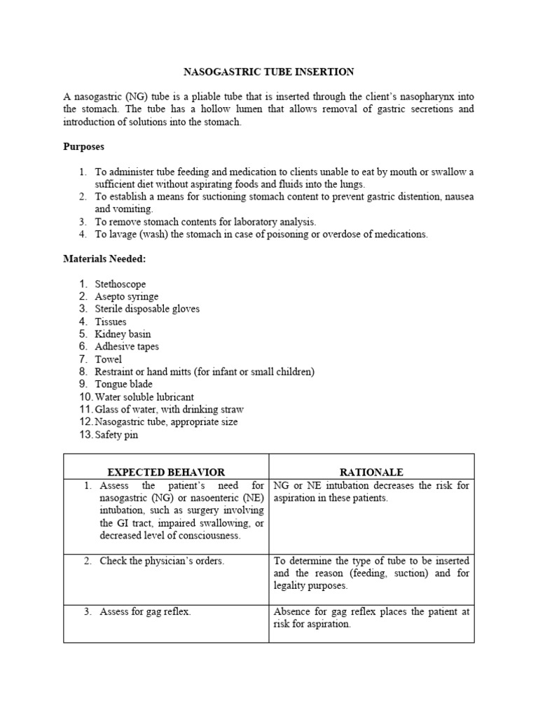 NG Tube Insertion Procedure Guide | PDF | Medical Specialties | Medicine