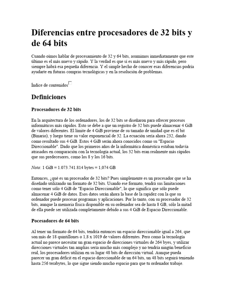 Diferencias entre procesadores de 32 bits y de 64 bits pdf