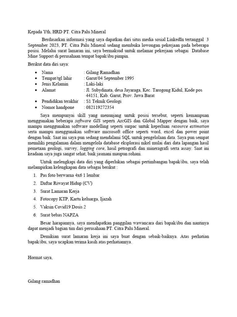 Surat Lamaran Kerja PT. Citra Palu Mineral | PDF